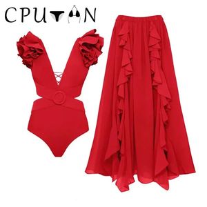 Cputan 2024 Sexig 3D Flower Bikini Set Red Ruffle High midje baddräkt Klänning Beach kjol Brasiliansk biquini badkläder kvinnor 240426