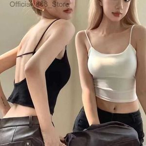 Kvinntankar Camis Summer Short Sexig Backless Solid Cotton Tank Top Women Spaghetti Strap Camisole Hollow Out Fixed Cup Bottoming Simple Underwear D240427