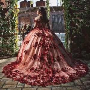 Red 3D Flowers Lace Ball Gown Quinceanera Dresses Off The Shoulder Crystal Beading Corset Sweet 16 Vestidos De XV Anos