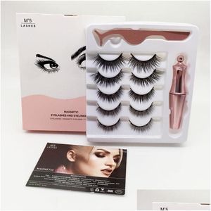 Falsche Wimpern magnetische flüssige Eyelineraddmagnetiddtweezer eingerichtet 5 Paare Magnet gefälschte Augenwimpern Kein Kleber Make -up -Werkzeuge 3in1 k dhtnw