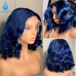 Syntetiska peruker Shumeida Blue Color 13 * 4 Spets Front Wig Body Wave Brasilian Remi Short Hair Bob Q240427