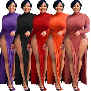 Casual Dresses Young Party Lady Fashion O Neck Long Sleeve Open Fork Dress Sexy Tight Club