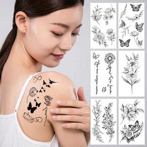 0TL6 Tattoo Transfer schwarz Blumen Schmetterling Tattoo Patch wasserdichte falsche Tattoo Aufkleber Temporärer Körperkunstdekoration langlebiger DIY Paster 240427