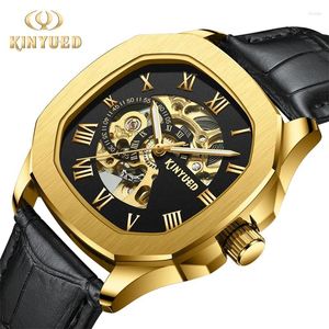 Armbanduhr Kinyued Top Marke Black Gold Uhren Skelett Lederuhr Männliche Geschenk Automatisch mechanische Männer Sportwache Relogio Maskulino