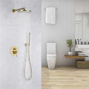 Brass Brushed Gold Solid Bathroom Shower Set Rianfall Head Shower Faucet Wall Mounted Shower Arm Mixer Water Set 8-12Inch2085