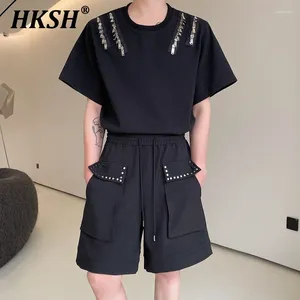 Men's Shorts HKSH Elastic Waist Wide Leg Summer Loose Versatile Slimming Straight Knee-length Pants Tide Dark Korean HK1014