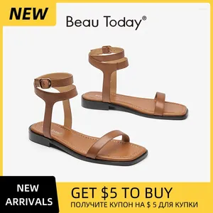 Casual Shoes BEAUTODAY Gladiator Sandals Women Genuine Leather Ankle Metal Buckle Strap Outdoor Summer Beach Flat Ladies Handmade 32437