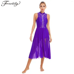 Stage Wear Women Ballet Tutu Leotard Split Mesh Long Dress Rhinestone Ballroom Lyrical Dance Costumes Dancewear Figure Ice Skating