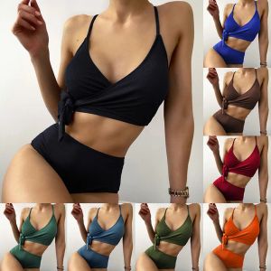 Set 2023 Solid Color Small Pit Strip Badeanzug weiblicher Bikini Bikini Set Bather Schwimmstrandbekleidung für Badeanzug