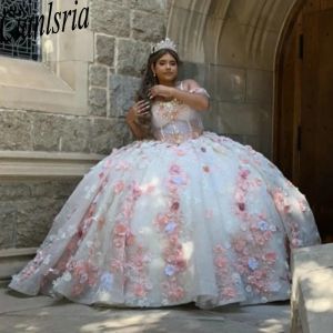 Plus Size Princess 3D Flowers Bow Ball Gown Quinceanera Dresses Off The Shoulder Appliques Lace Corset Vestidos De 15 Anos