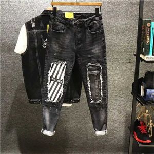 Men's Jeans Mens black graphic mens jeans with holes tear print pits Y2k Harajuku summer stretch Xs Trousers Q240427