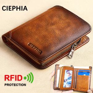 Purses äkta läder plånböcker för män vintage kort multifunktion affärsväska RFID blockerar dragkedja ID -kreditkortshållare pengar