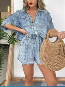 Moda de jeans vintage shorts azuis para mulheres verão string simples string de bolso casual tops soltos de 2 peças fêmea 240426