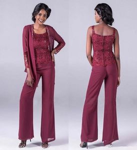 Burgundy Lace Mother Of The Bride Pant Suits With Jackets Cheap Sequined Wedding Guest Dress Plus Size Chiffon Mothers Groom Dress7043045