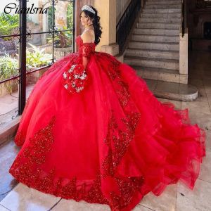 Red Detachable Sleeve Ruffles Ball Gown Quinceanera Dresses Sequined Appliques Lace Corset Vestidos De 15 Anos