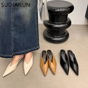 Suojailun Sping Brand Women Mules Shoes Fashion Moda Poe Toe Slip raso em sapatos de chinelos finos de salto baixo sandália 240425