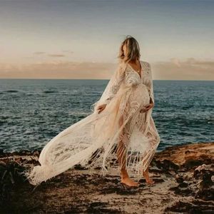 Maternity Dresses Bohemian lace tassels maternity dress photography props Maxi long photo shoot dresses for pregnant women and babies shower gifts Q240427