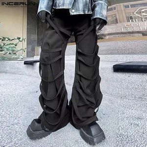 Calça masculina incerun 2024 calças de estilo coreano homens elegantes personalidade amarrar cinto decorativo calça de rua masculina perna reta Pantalons s-5xl