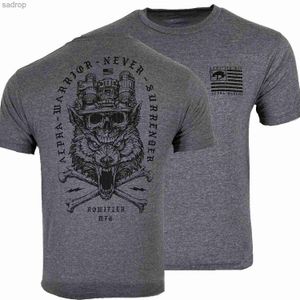 Men's T-Shirts Never Surrender Warrior Tactical Skull Wolf Military Grunt T-shirt 100% Cotton O-Neck Short Sleeve Casual Mens T-shirtXW