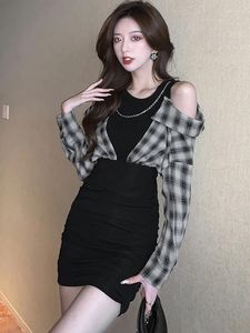 Casual Dresses 2024 Black Patchwork Plaid Long Sleeve Mini Dress Women Fashion Chic Off Shoulder Sexy Club Autumn Winter Korean Vestidos