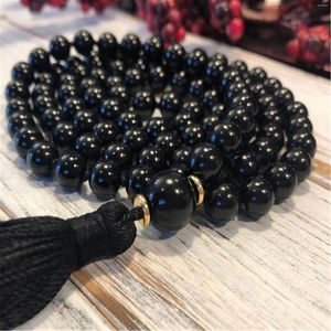 Hängen 8mm naturlig svart agat ädelsten 108 pärlor Tassel mala halsband armbandsyog handled fancy