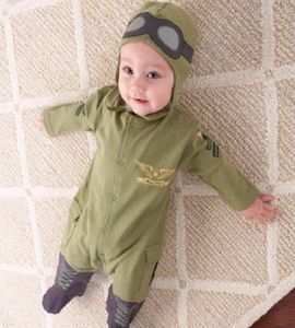 SJR281 Baby Boy Infant Green Full Sleeves Pilot Rompers Hat 2pcs Set Playsuit Outfit Jumpsuit Rompers Cotton Costume3209589