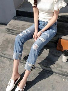 Jeans femminile perforato estate 2024 in vita alta dritta pantaloni da coltura larga versatile