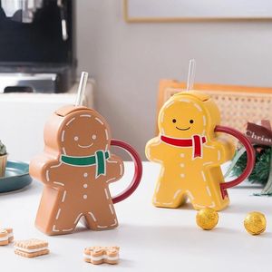 Mugs Cartoon Cute Creative Gingerbread Man Ceramic Cup High Value With Lid Straw Mug Korean Student Couple Water