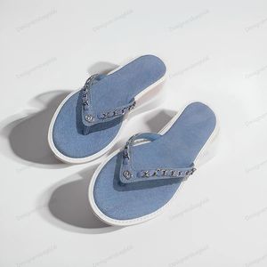 Designer Denim Thongs Slipper Womens Flat Low Heel Flip-Flops Blue Denim Cloth Slingbacks Sandal Chain Slip On Mules Retro Platforms Casual Raffia Double Band Slides