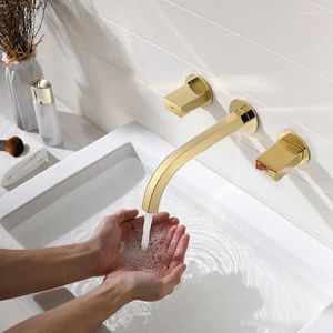 Rubinetti del lavandino da bagno a parete rubinetto montato in oro rosa e mixer d'acqua fredda doppia maniglie nere bacino vanità