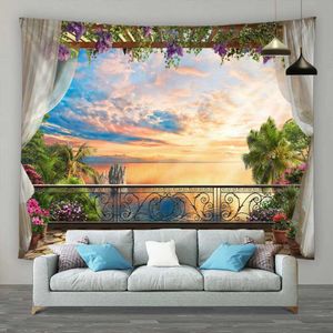 Taquestres Seascape Medieval Column Viewpoint Tapestry Antigo Castelo da Floresta da Montanha Romana Rio Basete Sunset Parede Bohemiana pendurada