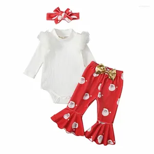 Kleidung Sets Baby Girls Weihnachten Outfits geborener gerippter Langhärme hoher Hals Strampler und Santa Claus Print ausgestattetes Hosen Stirnband