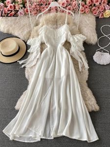 Party Dresses Women's Sexy White Vacation A-line Long Dress Summer One Line Shoulder Ruffle Edge Chiffon Vintage Robe