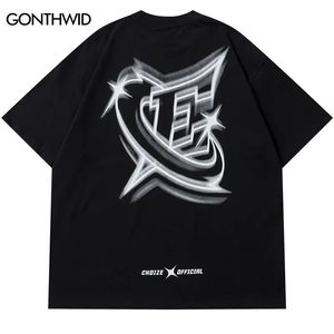 Men Streetwear Tshirt Letter Star Aesthetic Graphic T-Shirt Oversized Black Casual T Shirt Harajuku Hip Hop Tops Tee Cotton 240419