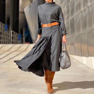 Casual Dresses Women's Fashion Elegant Belt Tight Waist Ruched Long-sleeved Semi-high Collar Skirts Streetwear Solid Dress For Women