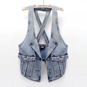 Vintage denim yelek kadınlar bahar sonbahar moda femme ince kolsuz ceket gündelik kısa kot yelek bayanlar h1201 240415