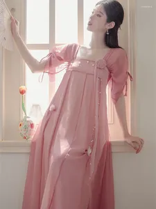 Partykleider Chinesisch Retro Hanfu verbesserte vestido weibliche Sommer Perlenquadrathals süßrosa für Frauen elegante Geschenkkiste Blume