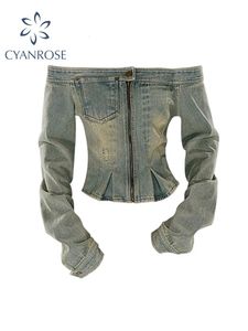 Kvinnor blå denimjacka vintage snedstreck jean jacka långärmad kvinnlig ytterkläder harajuku koreanska y2k 90 -tal mode toppkläder 240416