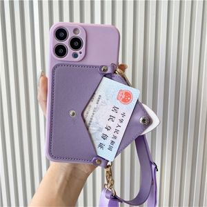Mobiltelefonkisten Korean Crossbody Schnüre Halskette mit Kartensitz Purple Hülle geeignet für iPhone 11 15 13 14 Pro Max X XS XR Max Coin Wallet Cover J240509 geeignet