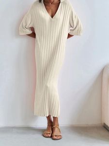 Party Dresses Women 2024 Trendy Ribbed Midi Dress Half Sleeve Collared V Neck Knit Casual Loose Solid Side Slitt Long Sweater