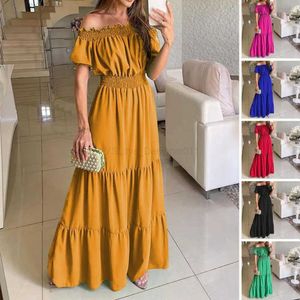 Urban Sexy Dresses Maxi Boho Dress Streetwear Puff Short Sles Elastic Midje strandklänning Stitching stor hem a-line hög midja sommaren off ska d240427