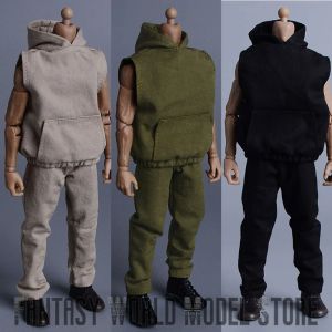 Sweatshirts ATS 1/12 Scale Trendy Male Soldier Clothing Sleeveless Hoodie Long Straight Leg Pants 3 Colors Fit 6'' Action Figure Body Doll