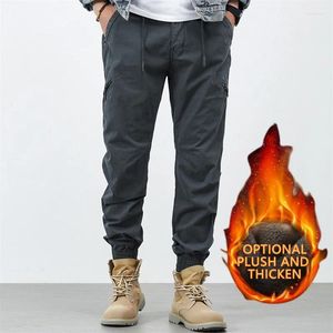 Men's Pants 2024 Winter Cargo Men Multi-Pockets Fleece Liner Thick Warm Slim Joggers Cotton Casual Thermal Trousers