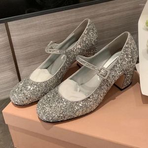 Casual Shoes Brand Designer Wedding Bling Mary Janes Round Toe High Heels Women Chunky Buckle Strap Chaussures Femme
