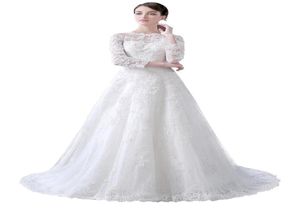 2019 Jewel Neck Aline Chapel Train Wedding Dresses 34 Långa ärmar LACE APPLIKES Bröllopsklänningar Knapp Sen Back Vestido de nov8278279