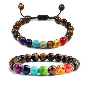 Beaded Mens 7 Chakra Beads Bracelet Treatment Tiger Eye Stone Prayer Charm Buddha Adjustable Jewelry Gift