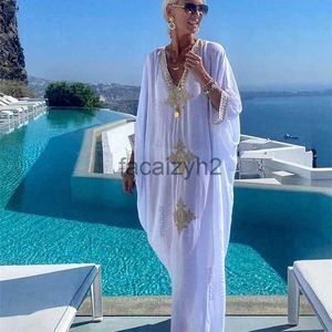 Elegant guld broderad kaftan retro v-hals vit klänning plus storlek kvinnor kläder sommar strand slitage simma maxi klänningar n137320414