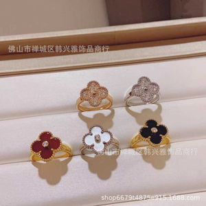 Designer brand Clover Ring with Diamond High Version White Fritillaria V Gold Paired Laser Carved Natural Red Jade Marrow Full Female Jewelry with logo