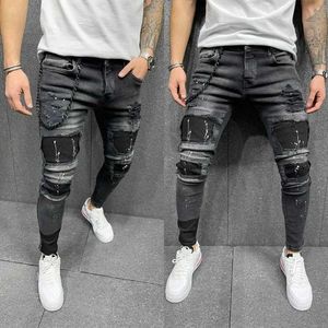Mäns jeans Nya 2023 Mens Hip Hop Tear Ultra Thin Elastic Pants Spring/Summer Fashion Club Boyfriend Clothing High Quality S-3XL Q240427
