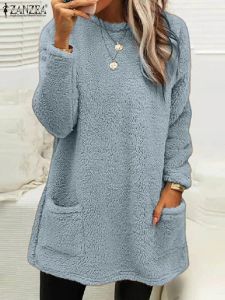 Bluza Zanzea swobodne luźne kieszonkowe bluzy kobiety pulloby mody 2023 Zima długie rękawy Swetery ulica ciepłe sztuczne futra bluza